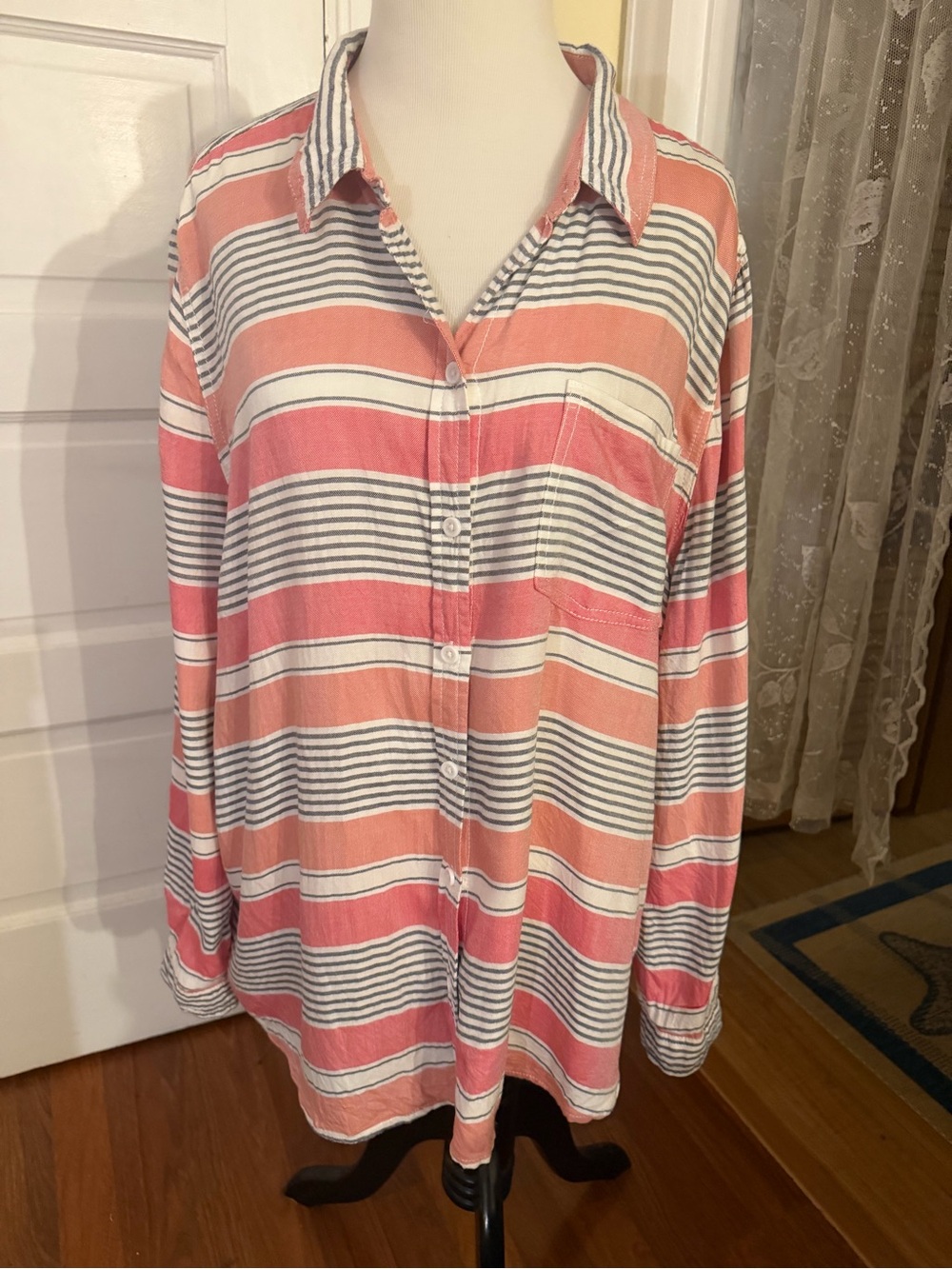 Beach lunch lounge Striped Pink and White Button-Up Women's Shirt